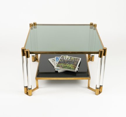 Coffee Table in Acrylic Glass, Brass, Ceramic and Smoked Glass in the style of Charles Hollis Jones, 1970s-LYQ-2027449