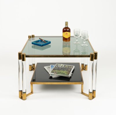 Coffee Table in Acrylic Glass, Brass, Ceramic and Smoked Glass in the style of Charles Hollis Jones, 1970s-LYQ-2027449