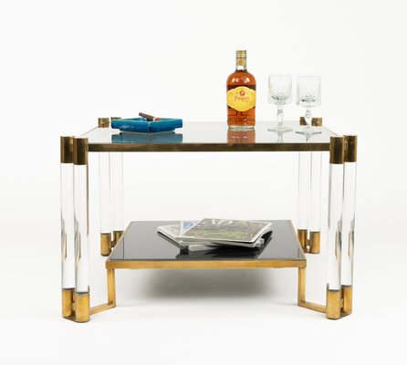 Coffee Table in Acrylic Glass, Brass, Ceramic and Smoked Glass in the style of Charles Hollis Jones, 1970s-LYQ-2027449