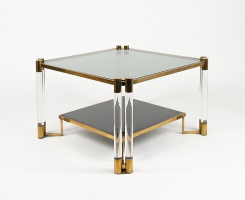 Coffee Table in Acrylic Glass, Brass, Ceramic and Smoked Glass in the style of Charles Hollis Jones, 1970s-LYQ-2027449