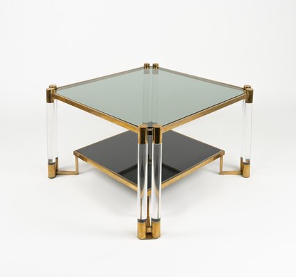 Coffee Table in Acrylic Glass, Brass, Ceramic and Smoked Glass in the style of Charles Hollis Jones, 1970s-LYQ-2027449