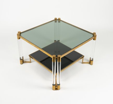 Coffee Table in Acrylic Glass, Brass, Ceramic and Smoked Glass in the style of Charles Hollis Jones, 1970s-LYQ-2027449