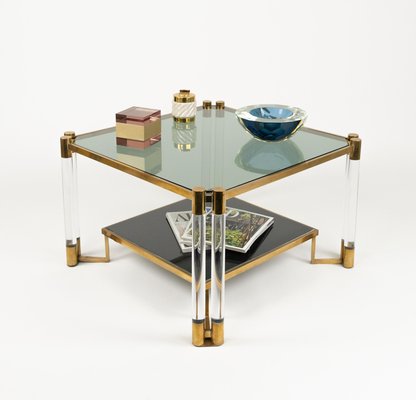 Coffee Table in Acrylic Glass, Brass, Ceramic and Smoked Glass in the style of Charles Hollis Jones, 1970s-LYQ-2027449