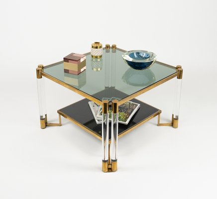 Coffee Table in Acrylic Glass, Brass, Ceramic and Smoked Glass in the style of Charles Hollis Jones, 1970s-LYQ-2027449