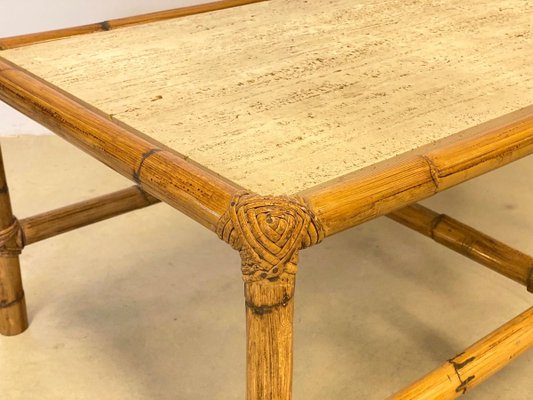 Coffee Table in Bamboo and Travertine, 1970s-NPC-971849