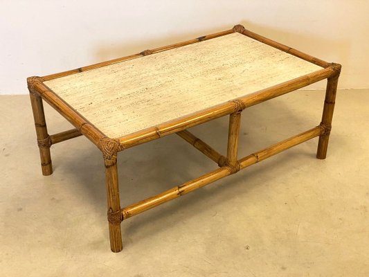 Coffee Table in Bamboo and Travertine, 1970s-NPC-971849