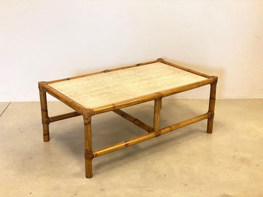 Coffee Table in Bamboo and Travertine, 1970s-NPC-971849