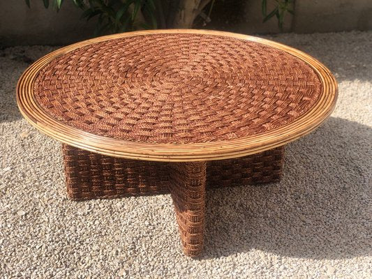 Coffee Table in Braided Rope and Rattan, 1970s-SSK-2034729