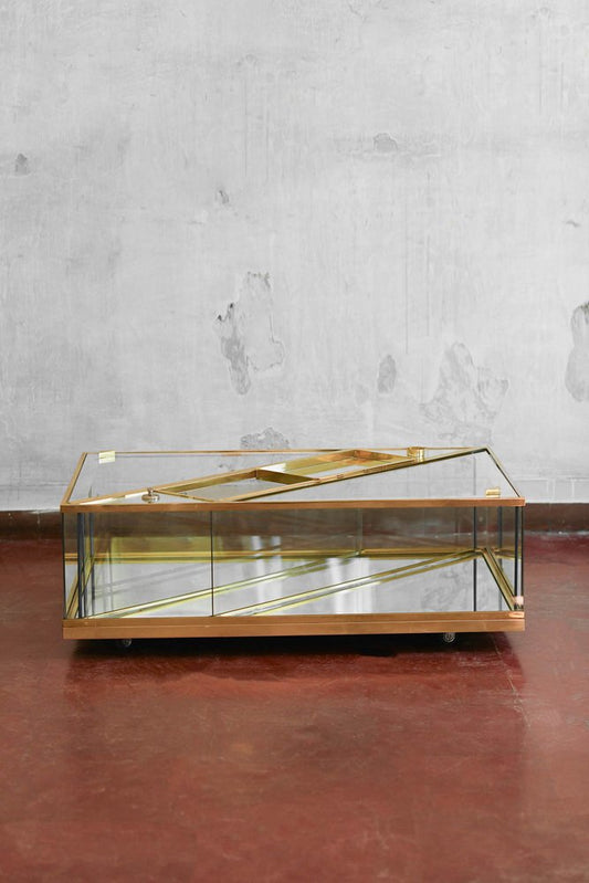 Coffee Table in Brass and Glass with Invisible Wheels with Ashtray and Lighter, 1970s, Set of 3