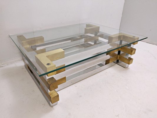 Coffee Table in Brass, Chrome and Glass-FGA-923808