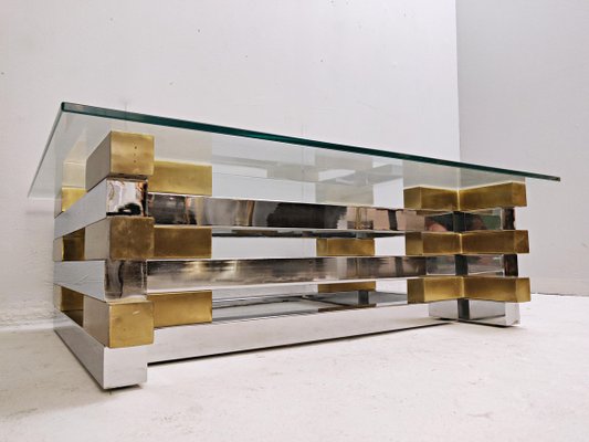 Coffee Table in Brass, Chrome and Glass-FGA-923808