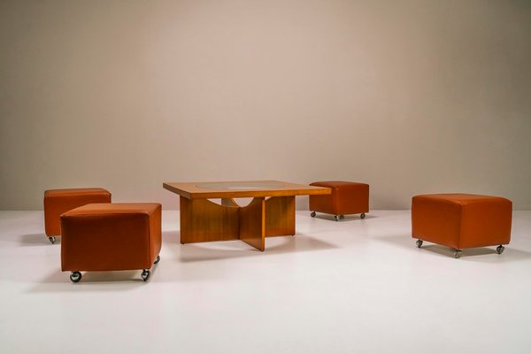 Coffee Table in Cherry Wood with Four Faux Mobile Poufs, Italy, 1970s, Set of 5-UQV-1702687