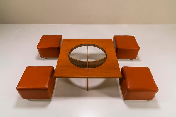 Coffee Table in Cherry Wood with Four Faux Mobile Poufs, Italy, 1970s, Set of 5-UQV-1702687