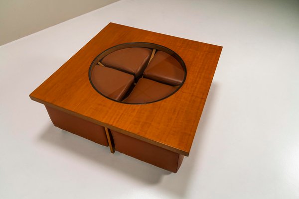 Coffee Table in Cherry Wood with Four Faux Mobile Poufs, Italy, 1970s, Set of 5-UQV-1702687