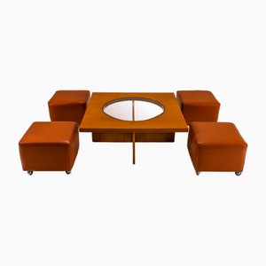 Coffee Table in Cherry Wood with Four Faux Mobile Poufs, Italy, 1970s, Set of 5-UQV-1702687