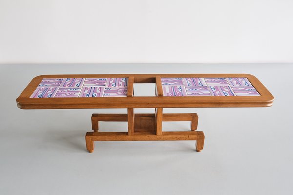 Coffee Table in Oak and Ceramic by Guillerme Et Chambron for Votre Maison, France, 1960s-FMT-1772355