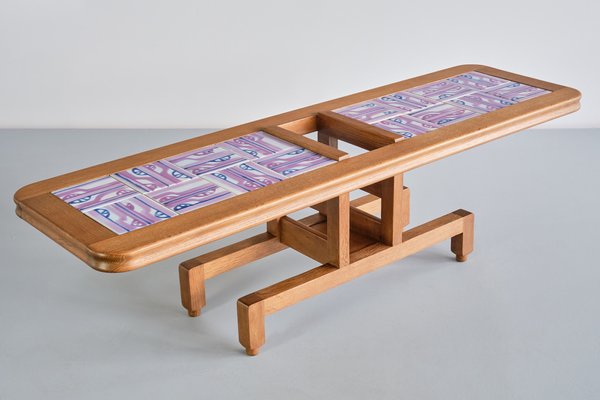 Coffee Table in Oak and Ceramic by Guillerme Et Chambron for Votre Maison, France, 1960s-FMT-1772355