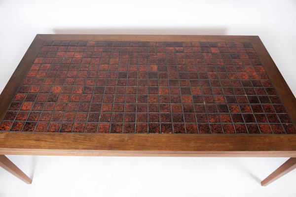 Coffee Table in Teak with Red Tiles of Danish Design, 1960s-UY-1005718