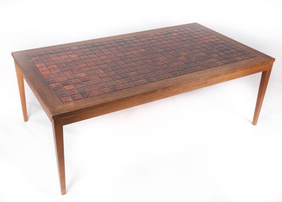 Coffee Table in Teak with Red Tiles of Danish Design, 1960s-UY-1005718