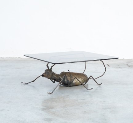 Coffee Table with a Handcrafted Metal Cricket Sculpture Base, 1970s-VT-639935