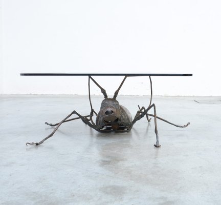 Coffee Table with a Handcrafted Metal Cricket Sculpture Base, 1970s-VT-639935