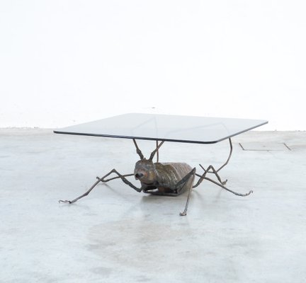 Coffee Table with a Handcrafted Metal Cricket Sculpture Base, 1970s-VT-639935