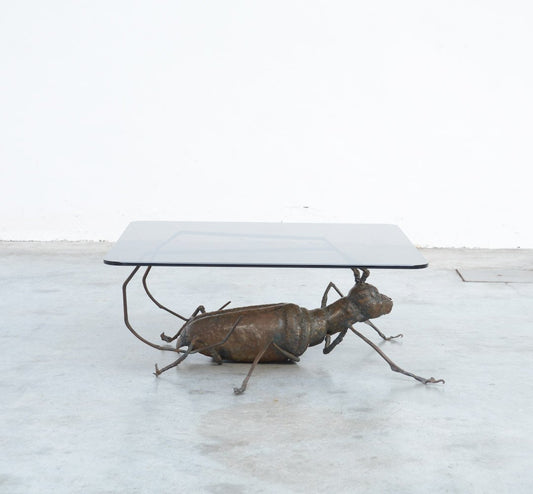 Coffee Table with a Handcrafted Metal Cricket Sculpture Base, 1970s