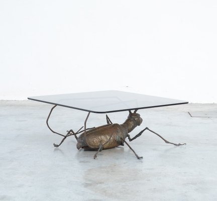 Coffee Table with a Handcrafted Metal Cricket Sculpture Base, 1970s-VT-639935