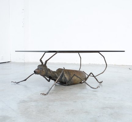 Coffee Table with a Handcrafted Metal Cricket Sculpture Base, 1970s-VT-639935