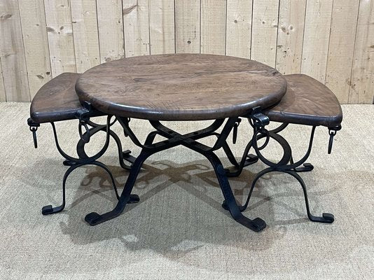 Coffee Table with Nesting Tables in Mahogany and Wrought Iron, 1950s, Set of 3-QYF-2034874