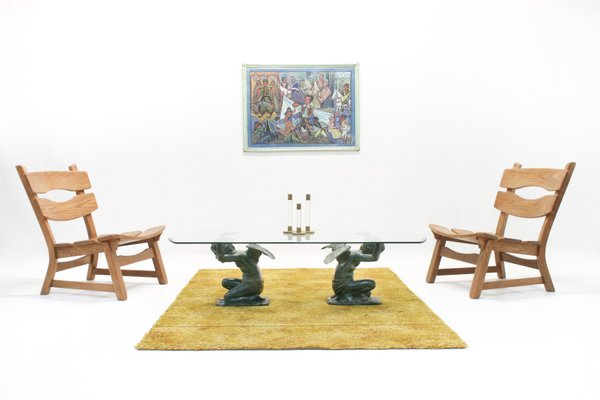 Coffee Table with Patinated Brass Angel Statues from Kom Art, 1970s-SES-950950