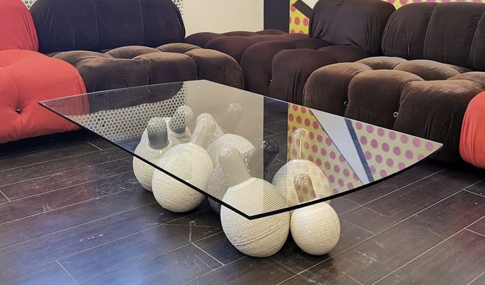 Coffee Table with Shaped Glass and Base Composed of Spheres in White Marble, by Giulio Lazzotti, 1990-KY-1095967