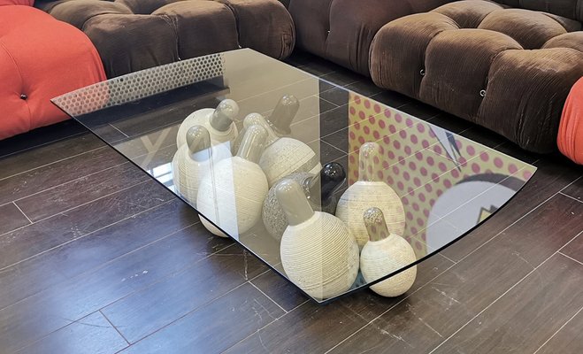 Coffee Table with Shaped Glass and Base Composed of Spheres in White Marble, by Giulio Lazzotti, 1990-KY-1095967