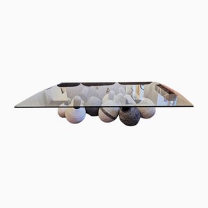 Coffee Table with Shaped Glass and Base Composed of Spheres in White Marble, by Giulio Lazzotti, 1990-KY-1095967