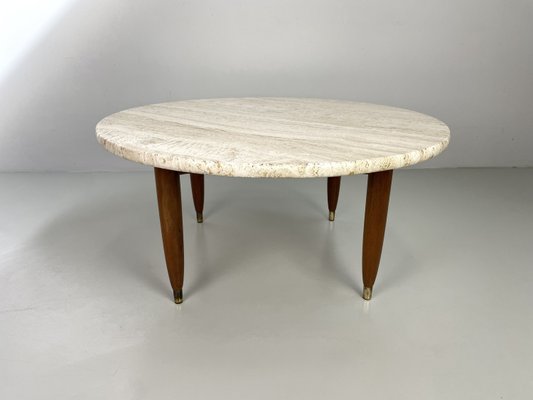 Coffee Table with Travertine Natural Stone Top and Teak Base, 1960s-MKL-2035352