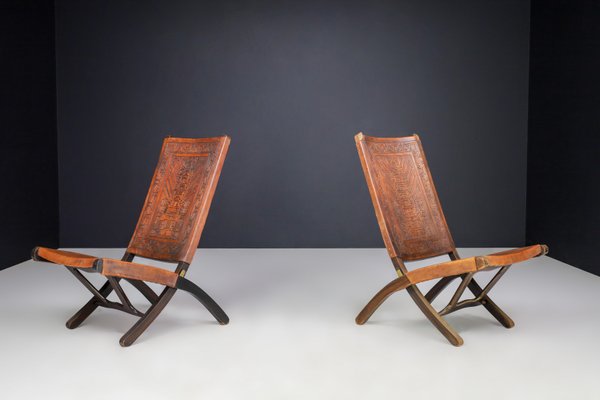 Cognac-Colored Saddle Leather Folding Chairs Ecuador from Angel I. Pazmino, 1970s, Set of 2-TRW-1797135