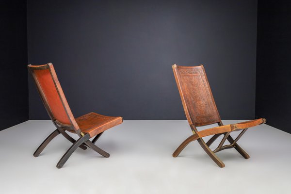 Cognac-Colored Saddle Leather Folding Chairs Ecuador from Angel I. Pazmino, 1970s, Set of 2-TRW-1797135