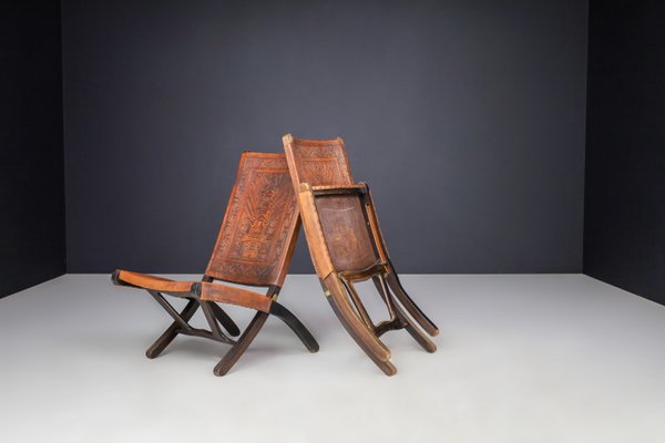 Cognac-Colored Saddle Leather Folding Chairs Ecuador from Angel I. Pazmino, 1970s, Set of 2-TRW-1797135