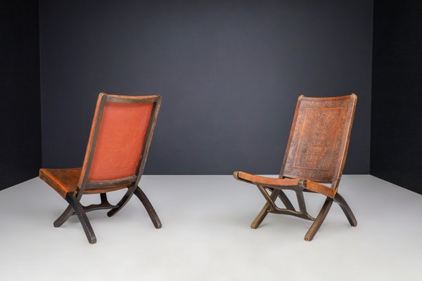 Cognac-Colored Saddle Leather Folding Chairs Ecuador from Angel I. Pazmino, 1970s, Set of 2-TRW-1797135