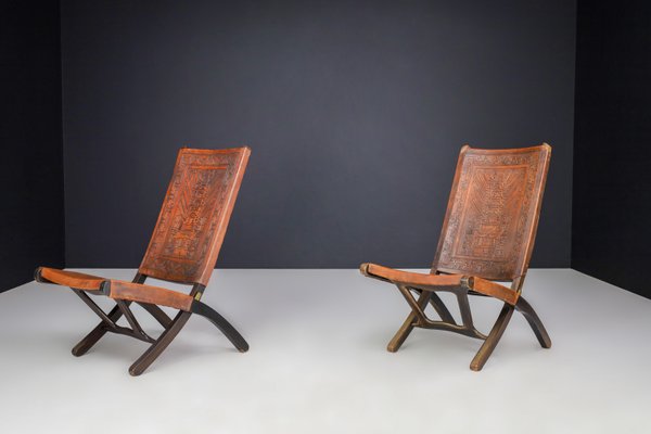 Cognac-Colored Saddle Leather Folding Chairs Ecuador from Angel I. Pazmino, 1970s, Set of 2-TRW-1797135