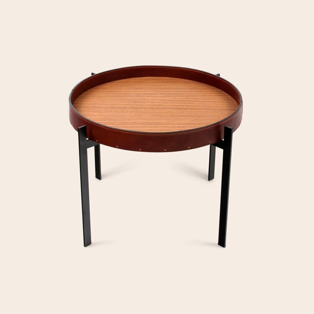 Cognac Leather and Teak Wood Single Deck Table by OxDenmarq