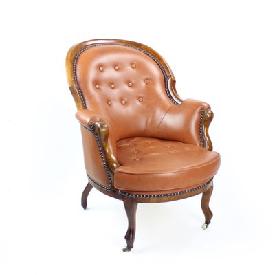 Cognac Leather and Walnut Armchair, Czechoslovakia, 1940s-UL-1095842