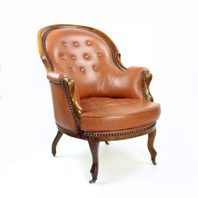 Cognac Leather and Walnut Armchair, Czechoslovakia, 1940s-UL-1095842