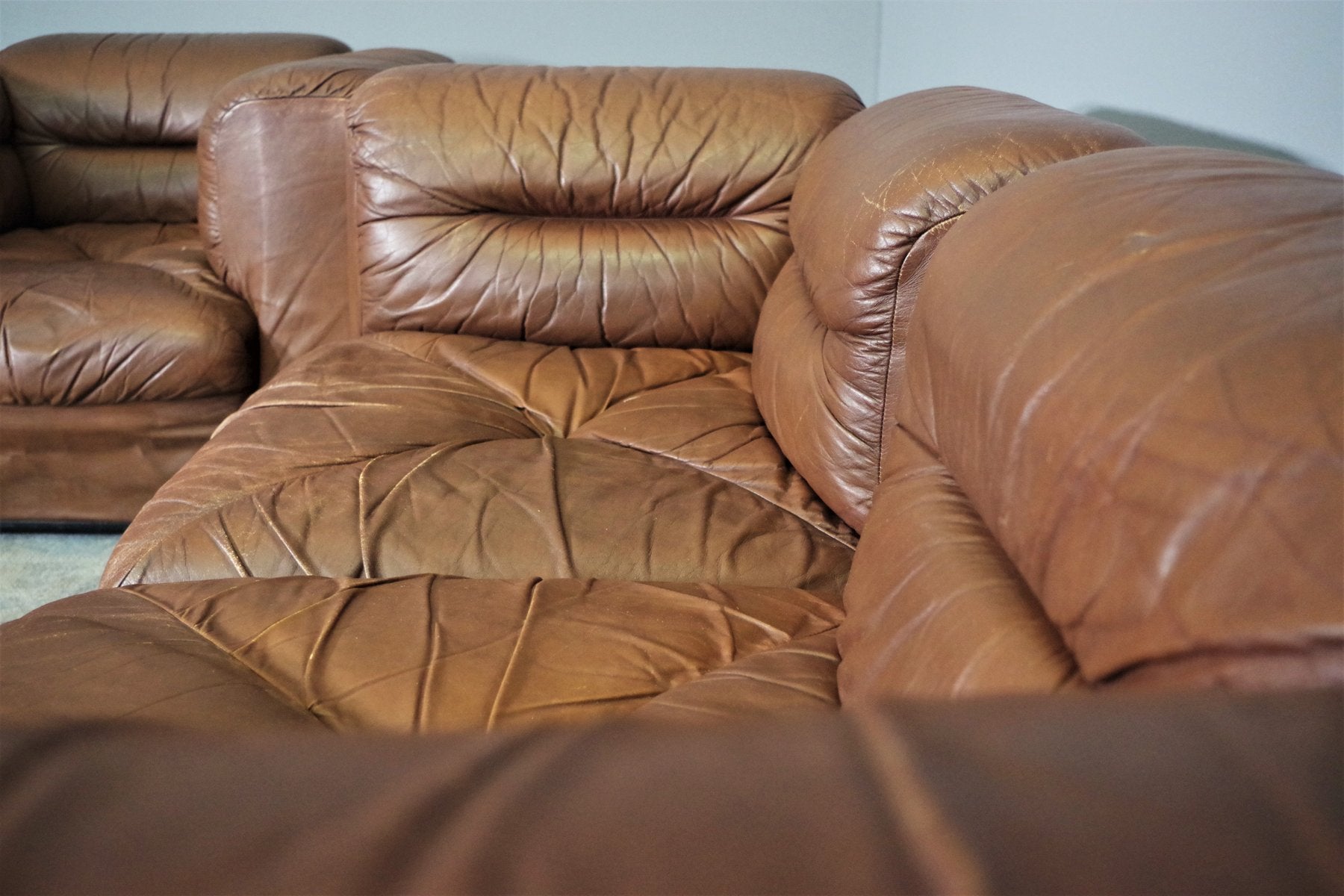 Cognac Leather Armchairs from B. L. Arredamenti, 1970s, Set of 4