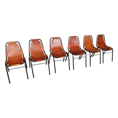 Cognac Leather Dining Chairs by C. Perriand for Les Arcs, 1960s, Set of 6-DT-2026228