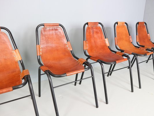 Cognac Leather Dining Chairs by C. Perriand for Les Arcs, 1960s, Set of 6-DT-2026228