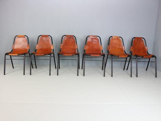 Cognac Leather Dining Chairs by C. Perriand for Les Arcs, 1960s, Set of 6-DT-2026228