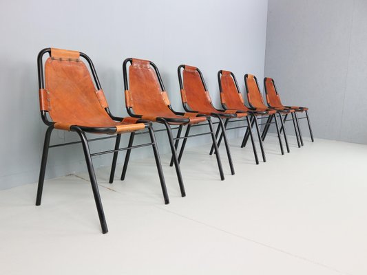 Cognac Leather Dining Chairs by C. Perriand for Les Arcs, 1960s, Set of 6-DT-2026228