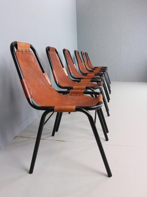 Cognac Leather Dining Chairs by C. Perriand for Les Arcs, 1960s, Set of 6-DT-2026228