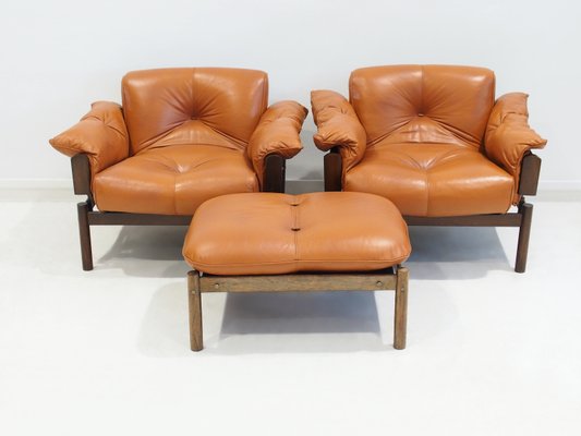 Cognac Leather Mp-13 Armchairs and Footstool by Percival Lafer, 1970s, Set of 3-ZYF-2017355